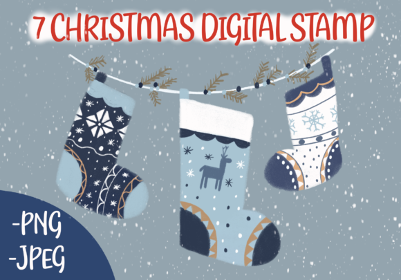 Blue Christmas Socks Digital Stamp Illustrations