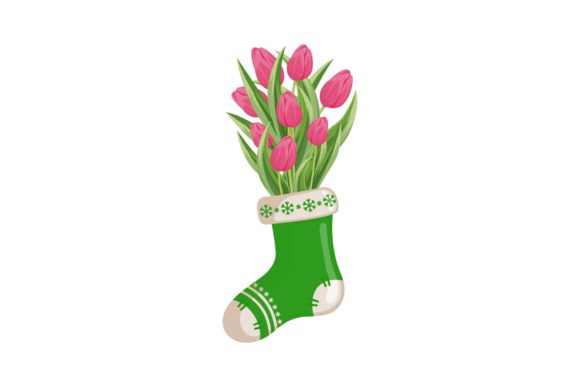 Classic Christmas Socks with Tulips Illustrations for Crafting