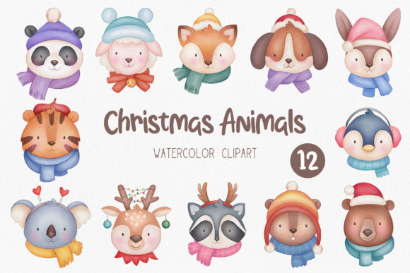 Cute Christmas Animals Clipart Illustrations
