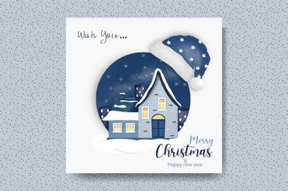 Merry Christmas Winter House Watercolor Illustration