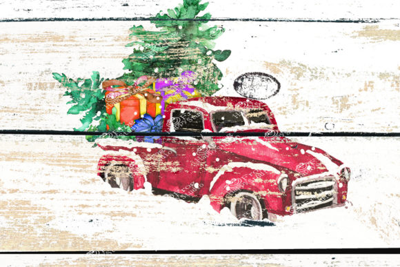 Watercolor Christmas Red Truck Illustration
